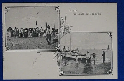 RIMINI  Vedute Un Saluto dalla spiaggia animata viaggiata anni 10 f/p #21299