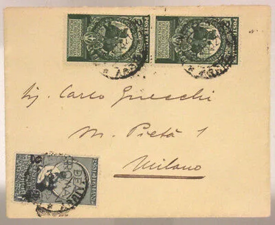 STORIA POSTALE COPPIA DI 5 + 15 c. UNITA’ D’ ITALIA SOPRASTAMPATI 1913 #SP337