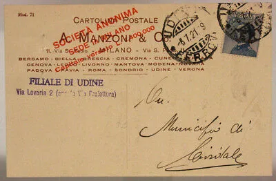 STORIA POSTALE REGNO 25 CENTESIMI 1921 UDINE CARTOLINA MANZONI & CO. #SP329