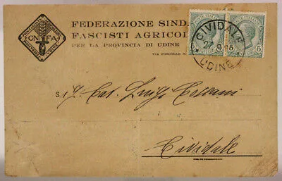 STORIA POSTALE REGNO COPPIA 5 c. 1929 FEDERAZIONE FASCISTA AGRICOLTORI #SP325