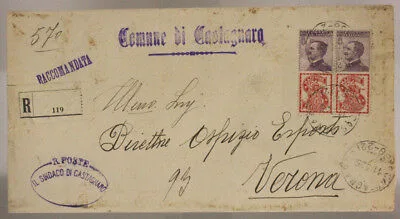 Raccomandata REGNO coppia da 50 centesimi Pubblicitari SINGER 1925 viaggiata dal comune di CASTAGNARO #SP774
