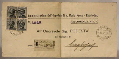 Raccomandata viaggiata da Reggio Emila a Campegine in quartina del Regno da 30 centesimi 1929 Ospedale S.MARIA NUOVA #SP742