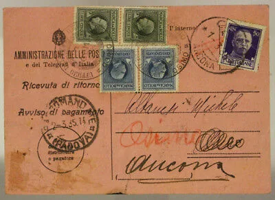 AVVISO DI PAGAMENTO CON MARCHE DA BOLLO  DA 5 LIRE E DA 50 CENTESIMI 1935 #SP383