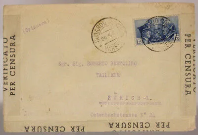 STORIA POSTALE 1,25 Lire  FRATELLANZA ITALO – TEDESCA SVIZZERA ZURICH 1941 #SP376