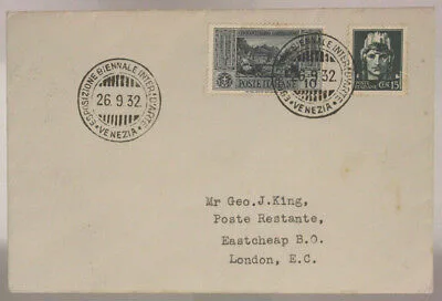STORIA POSTALE 10 c. 50° MORTE GARIBALDI TIMBRO BIENNALE VE 1932 LONDRA #SP363