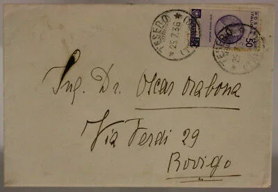 STORIA POSTALE REGNO 50 cent. BIMILLENARIO NASCITA ORAZIO ROVIGO 1936 #SP372