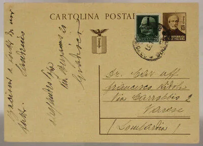 STORIA POSTALE RSI CARTOLINA 30 CENT (MAZZINI) + 25 CENT (FASCIO RSI) 1944 #SP409