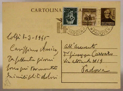 STORIA POSTALE RSI CARTOLINA 30 cent. + 5 cent. MONUMENTI + 15 cent. IMPERIALE #SP432