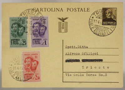 STORIA POSTALE RSI CARTOLINA 30 cent. + SERIE 3 VALORI FRATELLI BANDIERA 1945 #SP410