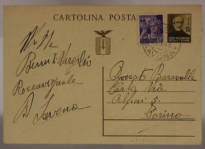 STORIA POSTALE RSI CARTOLINA 30 CENTESIMI MAZZINI  + 50 CENTESIMI 1945 #SP417