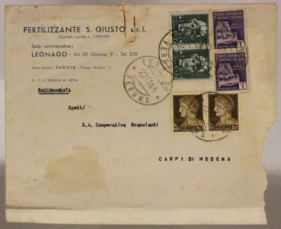 STORIA POSTALE RSI COPPIA 1 Lira MONUMENTI + COPPIE 10 E 15 cent. REGNO 1944 #SP550