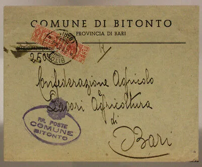STORIA POSTALE LUOGOTENENZA PACCO POST. 25 cent. USATO ORDINARIO 1944 BITONTO #SP567