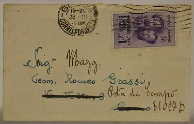 STORIA POSTALE RSI 1 LIRA FRATELLI BANDIERA 1945 #SP395