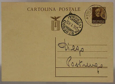 STORIA POSTALE RSI CARTOLINA 30 CENTESIMI MAZZINI 1945 #SP406