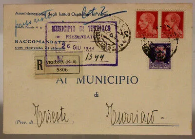 STORIA POSTALE RSI 50 cent. SOPRASTAMPA RSI  + COPPIA 20 cent.  REGNO 1944 #SP436