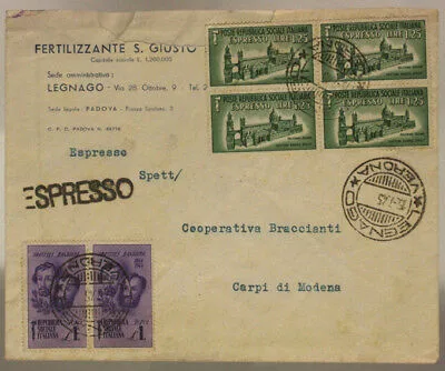 Espesso LUOGOTENENZA 15-07-1945 con affrancatura Repubblica Sociale coppia da 1 Lira F. BANDIERA+quartina  1,25 Lire Espresso RSI #SP777