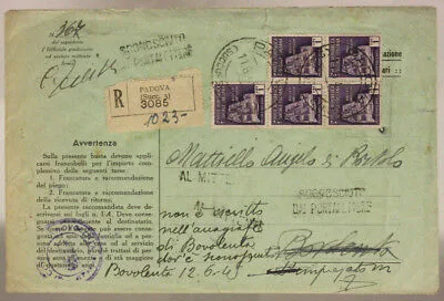 Raccomandata LUOGOTENENZA affarncata con serie Monumenti distrutti RSI 1 Lira X5 11/06/1945 #SP787