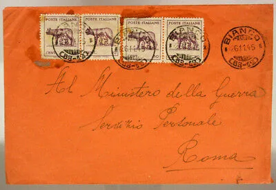 STORIA POSTALE LUOGOTENENZA 2 COPPIE DA 50 Cent. LUPA CAPITOLINA 1945 #SP324