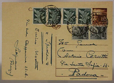 STORIA POSTALE LUOGOTENENZA CARTOLINA 1,20 Lire + STRISCIA (X4) P. AEREA 25 cent #SP467