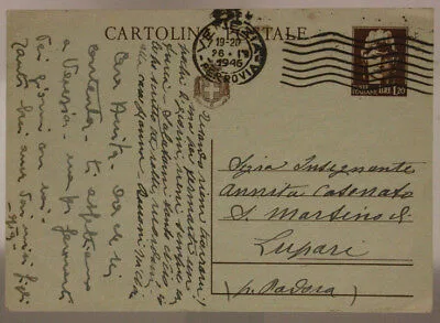 STORIA POSTALE LUOGOTENENZA CARTOLINA 1,20 LIRE ANNULLO AUTOMATICO 1946 #SP465