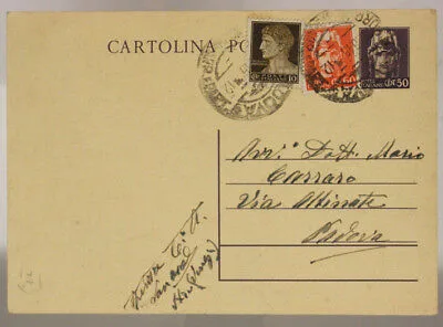 STORIA POSTALE LUOGOTENENZA CARTOLINA 50 CENT + 60 CENT + 10 CENT 1945 #SP469