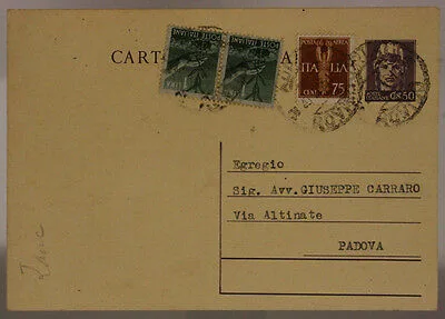 STORIA POSTALE LUOGOTENENZA CARTOLINA 50 C  + 75 C  P. AEREA REGNO 1946 #SP473
