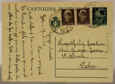 STORIA POSTALE LUOGOTENENZA CARTOLINA 60 CENT + COPPIA 1,2 LIRE 17/6/1946 #SP474