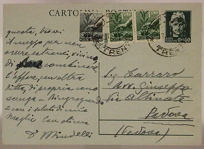 STORIA POSTALE LUOGOTENENZA CARTOLINA 60 cent. + 40 cent. + COPPIA 1 Lira 1946 #SP460