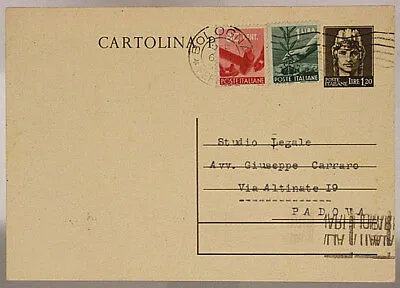 STORIA POSTALE REPUBBLICA CARTOLINA 1,20 LIRE + 80 CENT + 1 LIRA 1947 #SP470