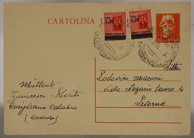 STORIA POSTALE REPUBBLICA CARTOLINA 60 c. + COPPIA 1,20 Lire SOPRA 20 c. RSI #SP500