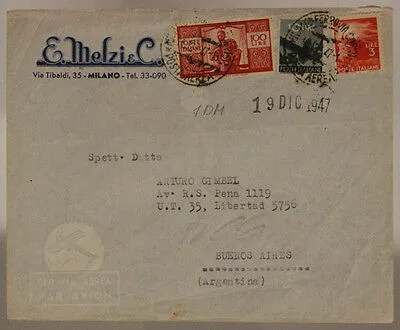 STORIA POSTALE REPUBBLICA 100 LIRE + 10 LIRE + 3 LIRE 1947 BUENOS AIRES #SP576