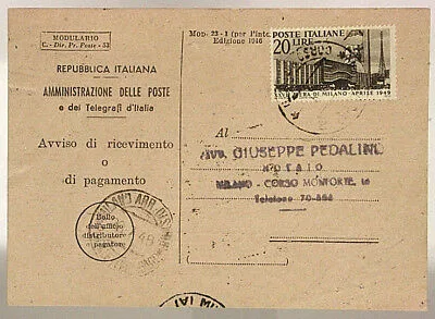 STORIA POSTALE REPUBBLICA 20 LIRE 27^ FIERA DI MILANO 1949 #SP584