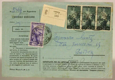 STORIA POSTALE REPUBBLICA 20 LIRE ITALIA LAVORO + STRISCIA 25 LIRE (X3) 1951 #SP700