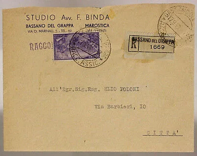 STORIA POSTALE REPUBBLICA 50 LIRE 100° RISORGIMENTO 1948 BASSANO #SP525