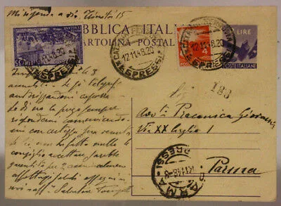 STORIA POSTALE REPUBBLICA CARTOLINA 8 Lire  + 4 Lire  +  35 Lire  ESPRESSO 1948 #SP527