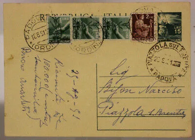 STORIA POSTALE REPUBBLICA CARTOLINA DA 15 LIRE + 2 LIRE + 1 LIRA (X3) 1951 #SP516
