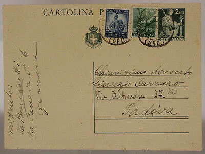 STORIA POSTALE REPUBBLICA CARTOLINA DA 2 LIRA  + 1 LIRA + 5 LIRE 1948 #SP508