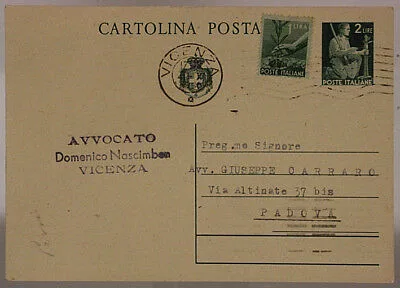 STORIA POSTALE REPUBBLICA CARTOLINA DA 2 Lire + 1 Lira 1946 VICENZA – PADOVA #SP511