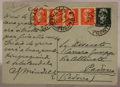 STORIA POSTALE REPUBBLICA CARTOLINA DA 60 cent. + STRISCIA 60 cent. ( X4 ) 1946 #SP374