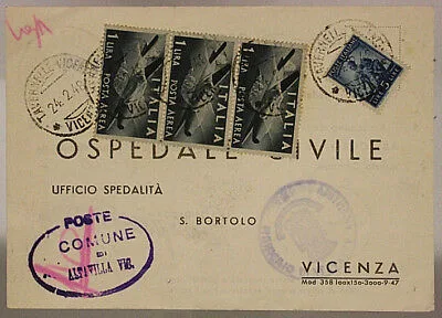 STORIA POSTALE REPUBBLICA STRISCIA 1 LIRA POSTA AEREA (X3) + 5 LIRE 1948 #SP542