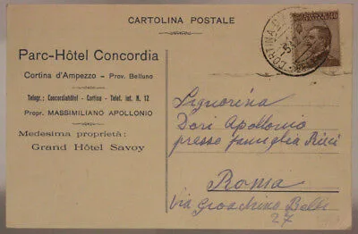 STORIA POSTALE REGNO 40 CENTESIMI 1925 CORTINA D’ AMPEZZO HOTEL CONCORDIA #SP651