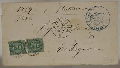 STORIA POSTALE REGNO COPPIA 5 CENTESIMI ( 1° TIPO ) 1888 TIMBRO ANCONA #SP616