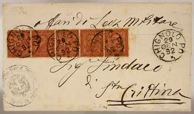STORIA POSTALE REGNO STRISCIA 2 CENTESIMI (X5) 1892 TIMBRO DI CHIGNOLO PO #SP642