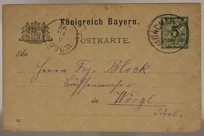 INTERO POSTALE GERMANIA POSTKARTE 5 PFENNIG BAYERN 1892 #SP392