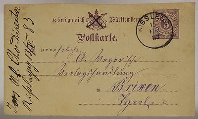 INTERO POSTALE GERMANIA GERMANY POSTKARTE 5 PFENNIG WÜRTTEMBERG 1883 #SP378
