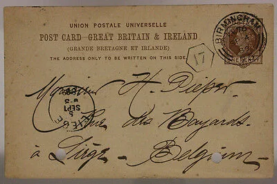 POST CARD FROM GREAT BRITAIN BIRMINGHAM TO BELGIUM  LIEGE 1 PENNY 1889 #SP484