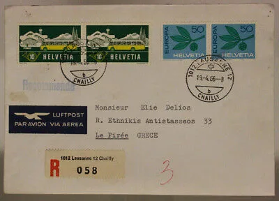 SVIZZERA AIR MAIL COVER FROM LAUSANNE TO GREECE 50 cent. + 10 cent. 1966 #SP480