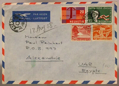 SVIZZERA AIR MAIL COVER TO EGYPT ALEXANDRIA 20 + 25 + 10 + 5 cent. 1958 #SP479