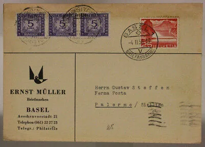 SVIZZERA POSTKARTE STRISCIA SEGNATASSE 5 Lire + 25 Cent. HELVETIA 1955 BASEL #SP462