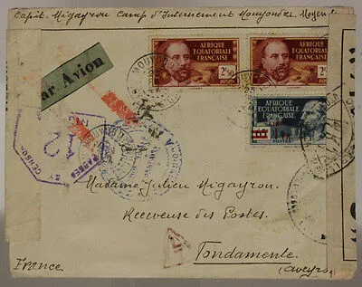 FRENCH EQUATORIAL AFRICA AIR MAIL FROM INTERNMENT CAMP MOUYONDZI 1942 #SP668